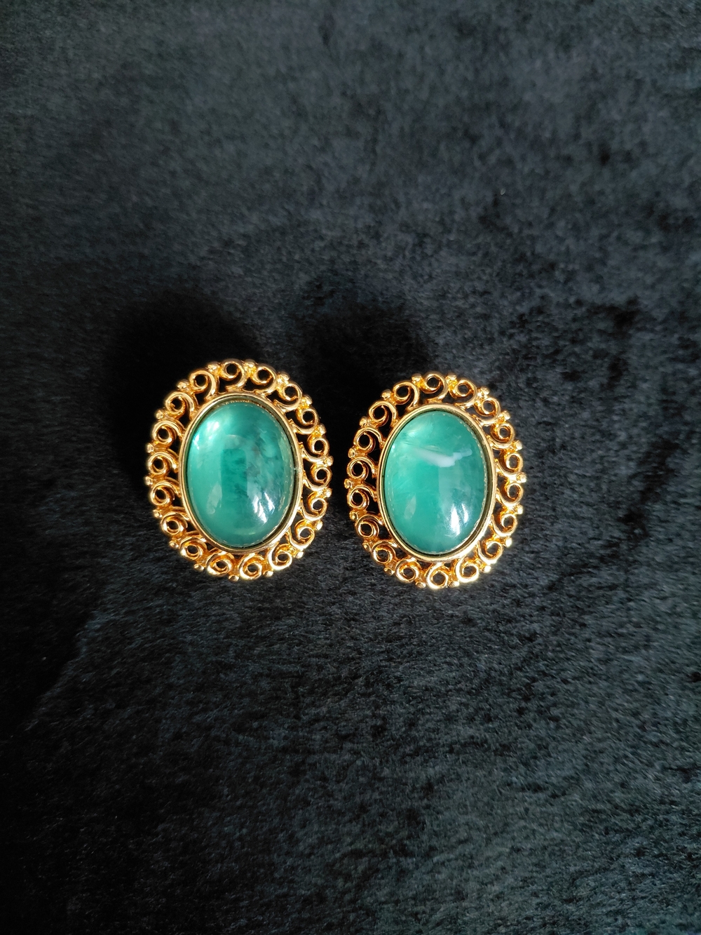 Trifari Gold-Tone Earrings with Green Cabochons